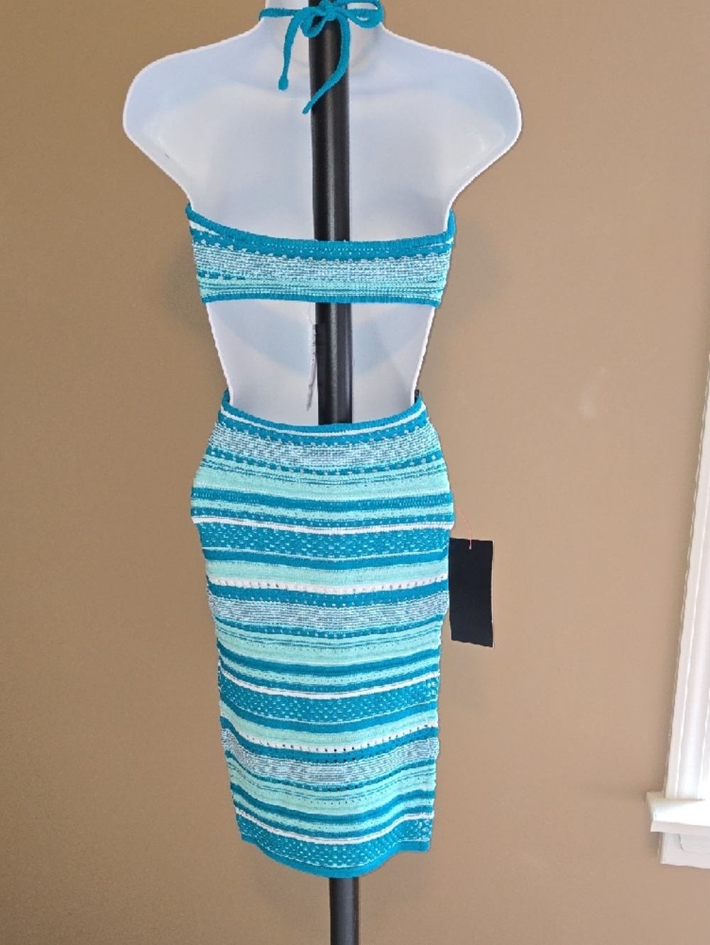 bebe Teal, Aqua & White Striped Cutout Halter Midi Dress SEXY NWT XS - Picture 7 of 9
